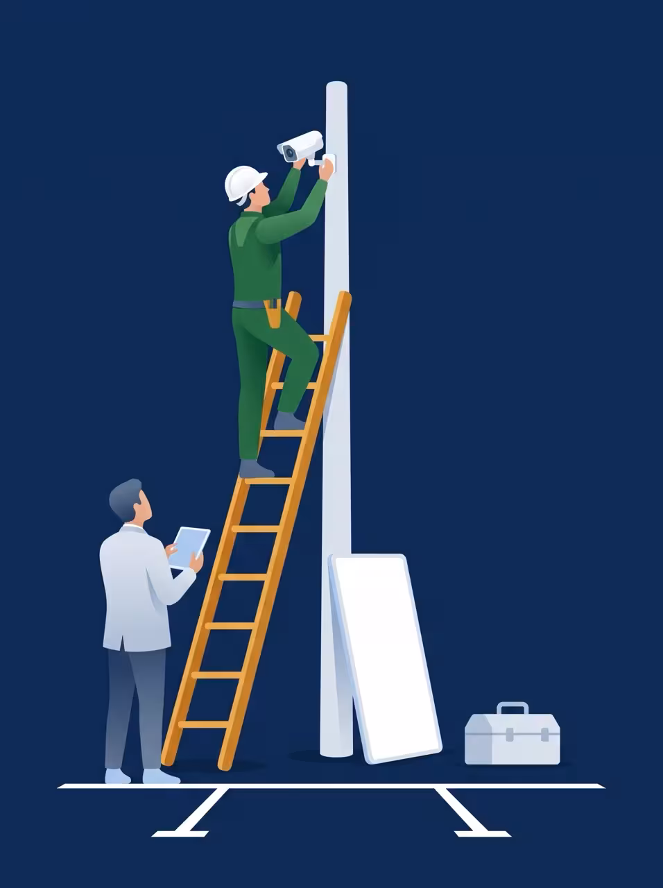 Illustration: Ein Techniker montiert eine Kamera am Mast, ein Kollege prüft die Einrichtung am Tablet.