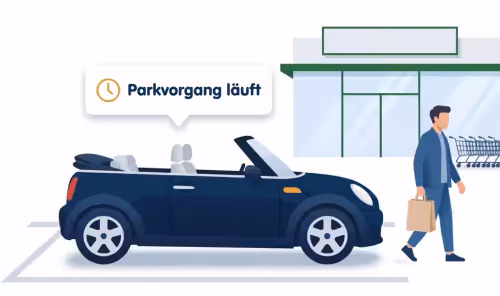 Illustration: Das Cabrio steht auf dem Stellplatz, Anzeige „Parkvorgang läuft“, der Fahrer geht mit Einkaufstasche zum Markt.